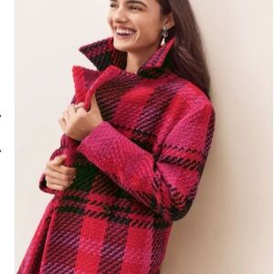 NWT Ann Taylor Petite Plaid Long Double Breasted Coat Red Pink Black